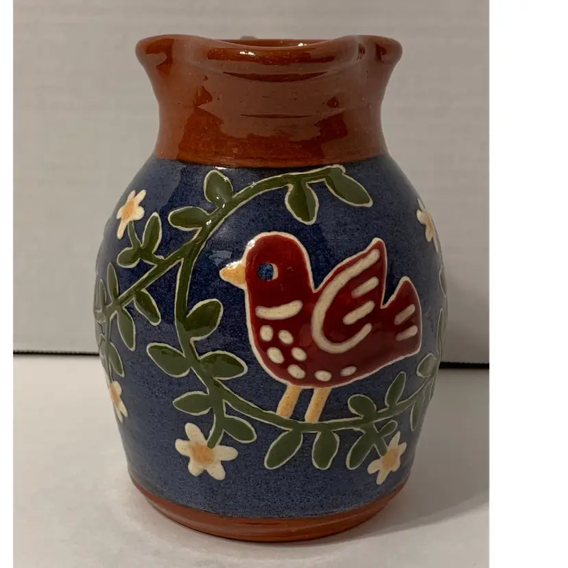 PRETTY 1986 Earthen Vessel Pottery Redware Folk Art Bird Jug