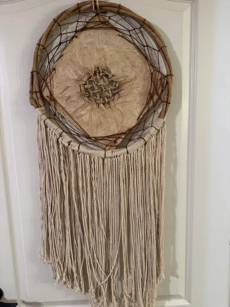 Bohemian Style Macrame Dream Catcher Wall Art; Wood Hoop Frame With Animal Hide Central Square And Long Fringe Detailing