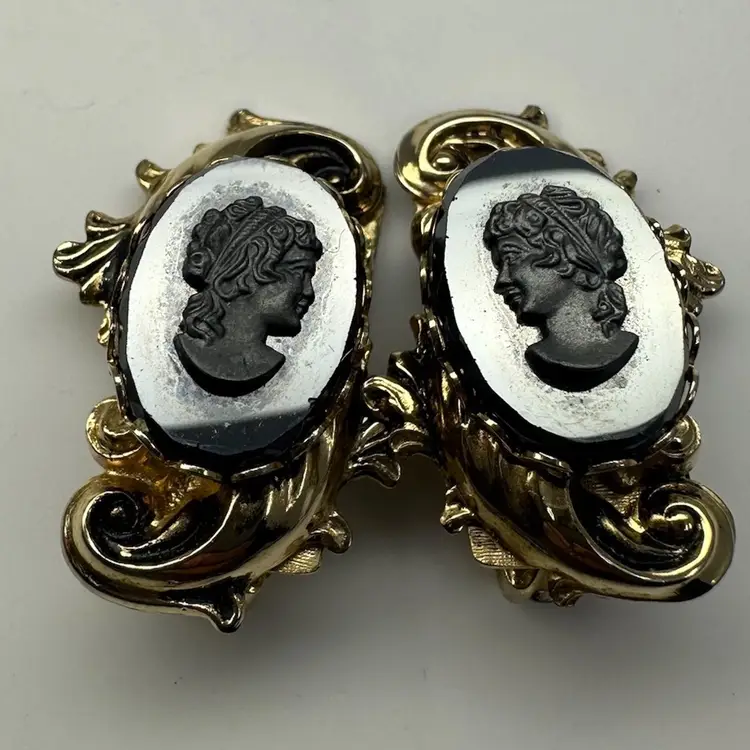 Vintage Hematite Cameo Earrings