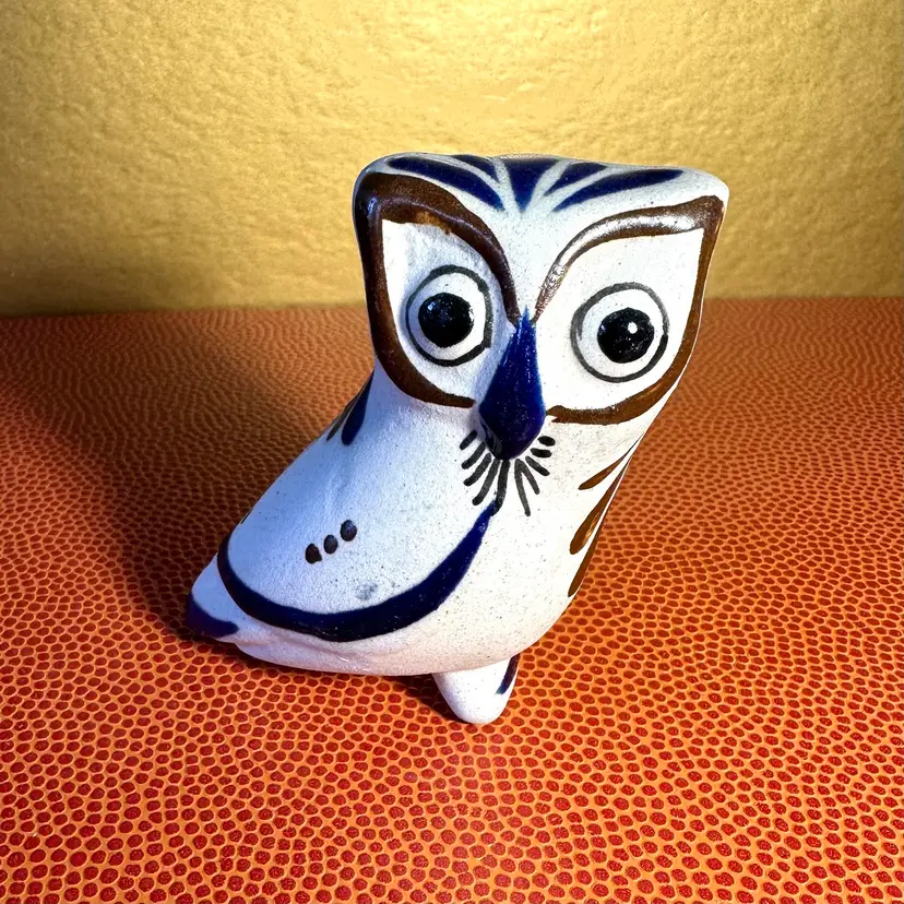Vintage Tonala Owl Tiny 3”x2” Signed Mexico and Initials Good Condition Raw Clay w Hand Painted Glazed Details
