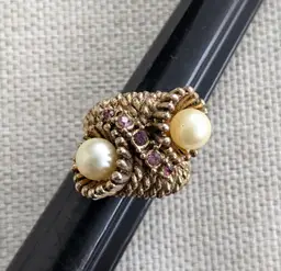 Vintage Adjustable Faux Pearl Ring With Mauve Rhinestones