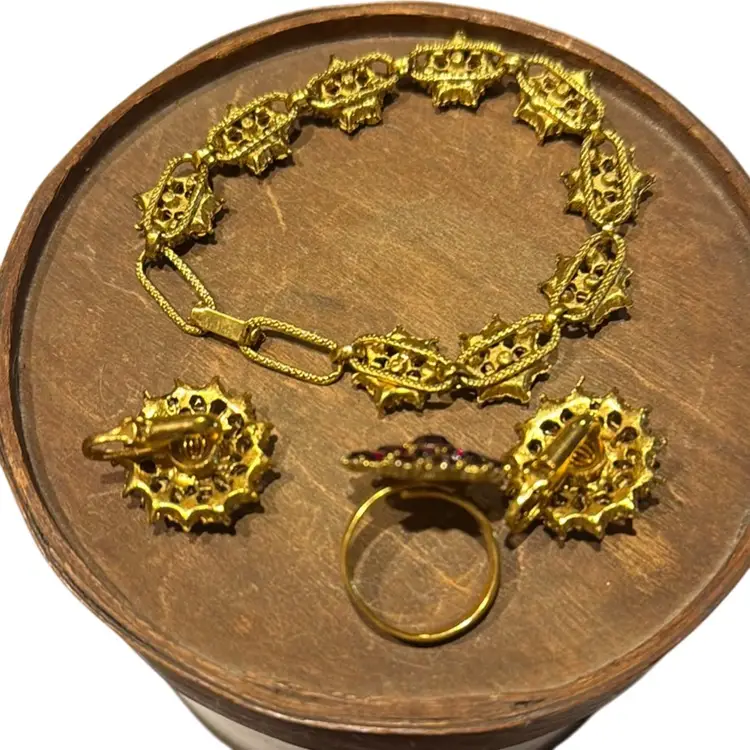 Bohemian Vintage Garnet Bracelet, Adjustable Ring And Clip On Earrings - Gorgeous