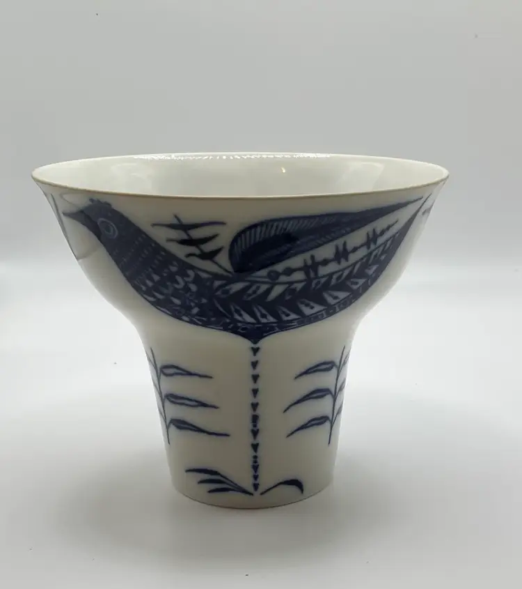 Rare Porsgrund Norway Porcelain Vase White-Cobalt Blue Birds, Trumpet-Shaped