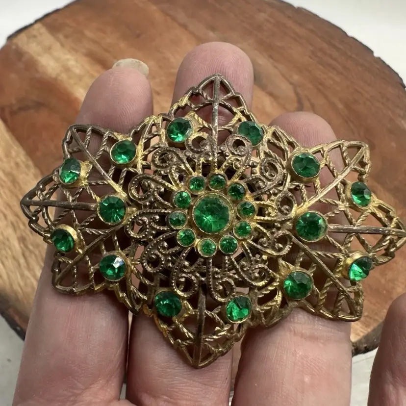 Vintage Czech Filigree Emerald Green Color Stones Rhinestones Brooch Pin Large