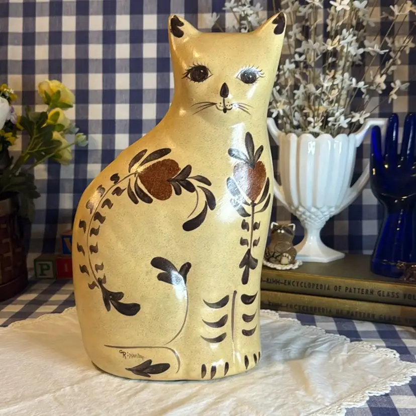 Artist-Signed Rippentrop Ceramic Hand-Painted Folk Art Cat Vase