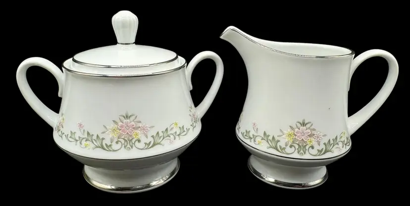 Noritake Early Spring Creamer Sugar Bowl Lid Set White Pink Yellow Floral 2362