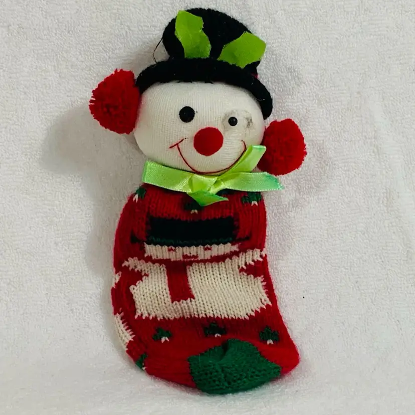 Goofy Vintage Woven Arts Christmas Ornaments Kitschy Little Snowman In A Red Stocking With Different Type Of Eyes. Ready To Make You Smile.
