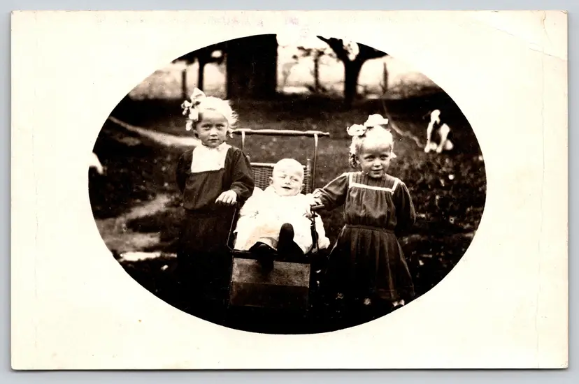 Postcard RPPC Happy Baby in Pram with Sisters Real Photo Children Baby Stroller - 9252
