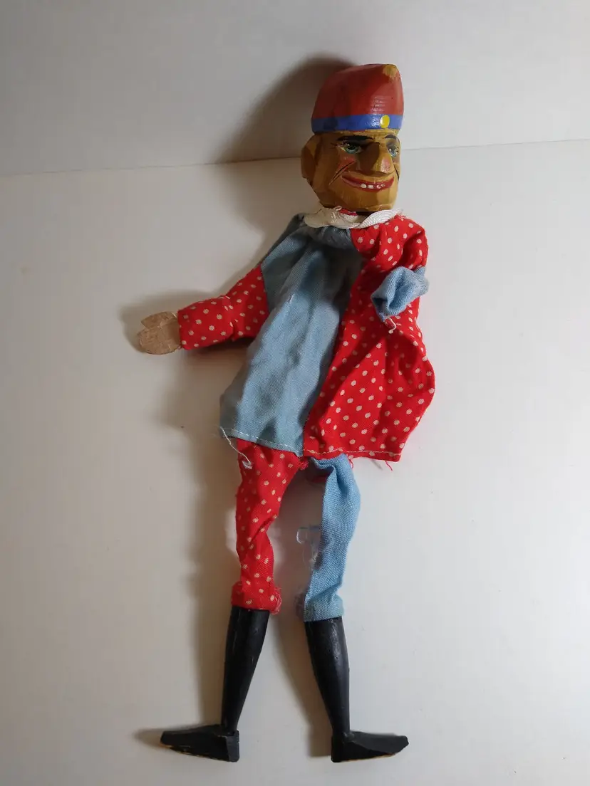 Hand Carved Wood Clown Hand Finger Puppet Red Blue Polka Dot Italy 11"