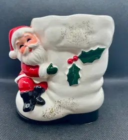 Vintage Kitschy Ceramic Santa On White Boot Planter by Velco Made in Japan , Mid Century Christmas Decor