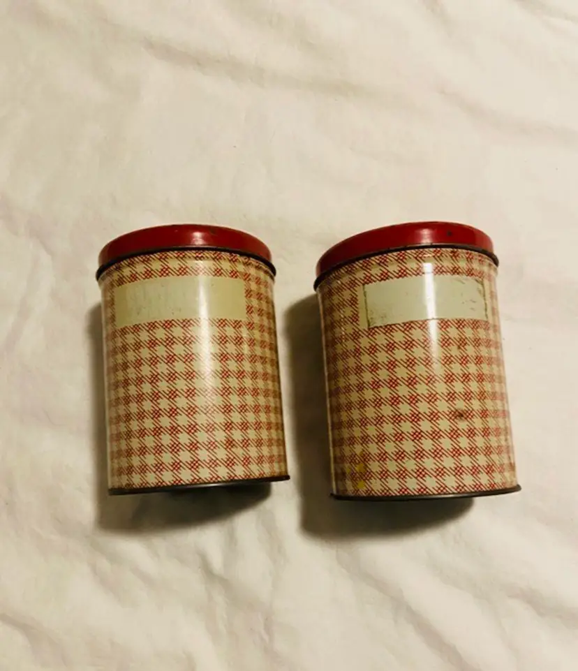 Vintage Rustic Tin Canisters Red Gingham Check Pattern Containers Farmhouse CottageCore Country Cottage Primitive