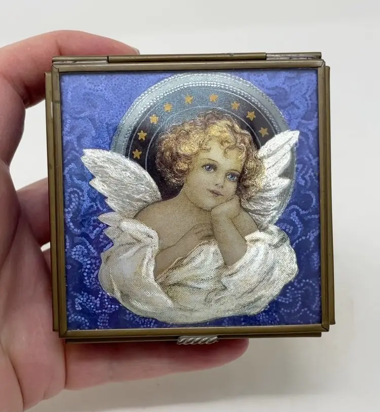 Vintage Stained Glass And Brass Foil Angel Hinged Trinket Box