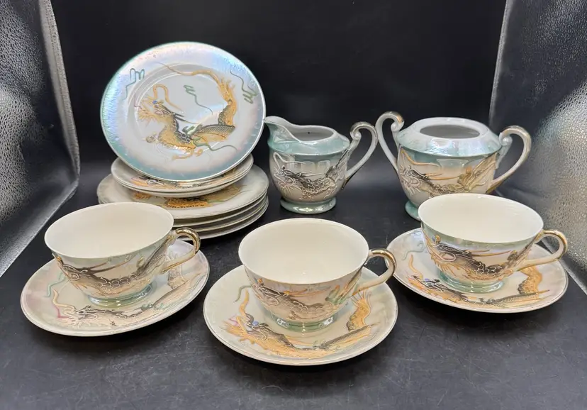 Vintage Manna China Porcelain “Dragonware” Moriage Japan Iridescent Pearlescent Porcelain Set 15pcs READ