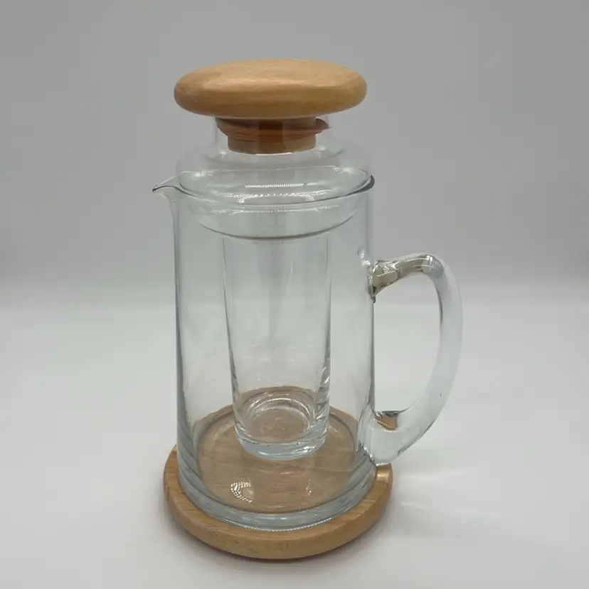 Vintage MCM Glass Wood Teak Cooling Ice Insert Pitcher Decanter
