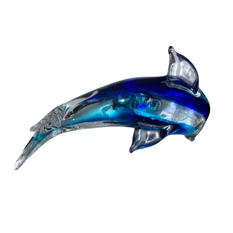 Art Glass Teal, Cobalt & Clear Dolphin 3.5” T X 7” X 3”