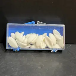 Box of Assorted Size Milk Glass Buttons, Box Is ~0.75” x 3” x 1.25”