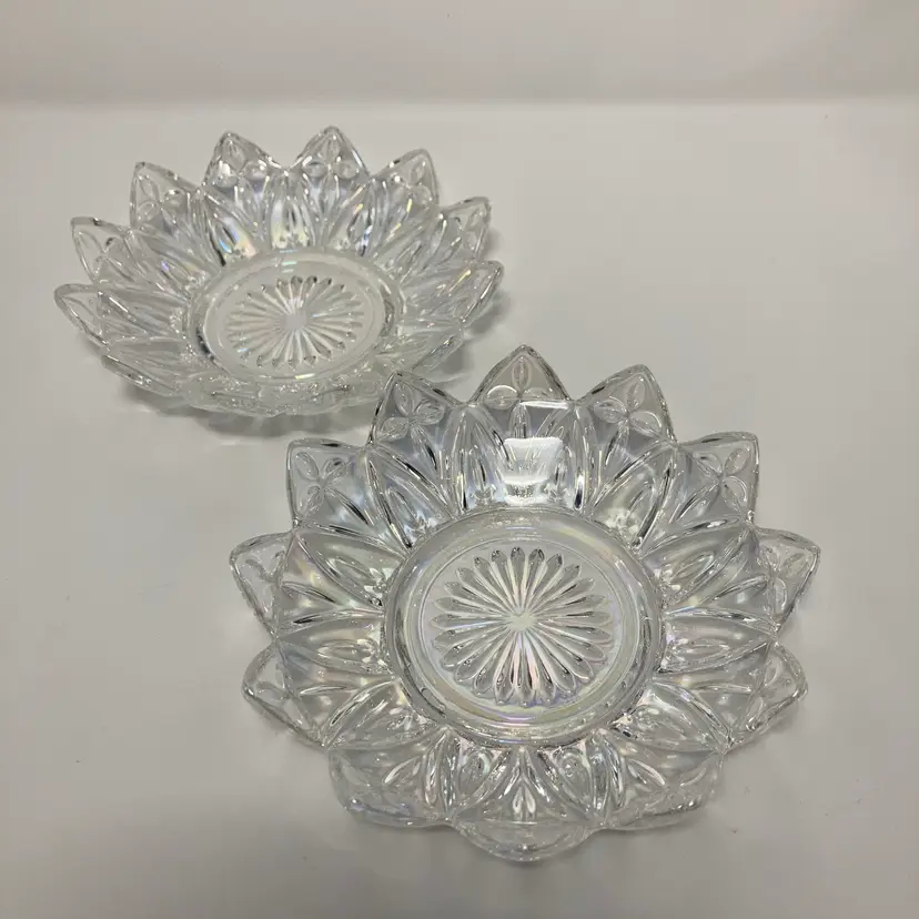 Set Of 2 12 Petal 5 1/2” Wide Clear Rainbow Iridescent Glass Bowls!