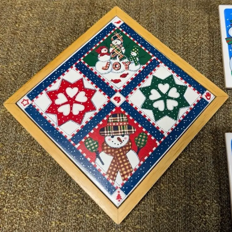 Vintage Jasco Christmas Tiles/Trivet With Christmas Trivet Wood Framed Holiday