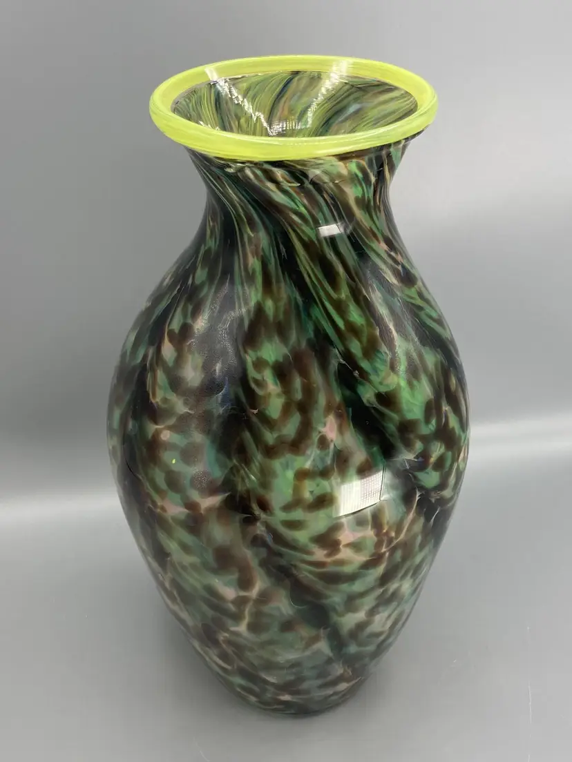 Signed Hand Blown Art Glass Green & Brown Glass Vase - 12" Tall - Vintage 2004