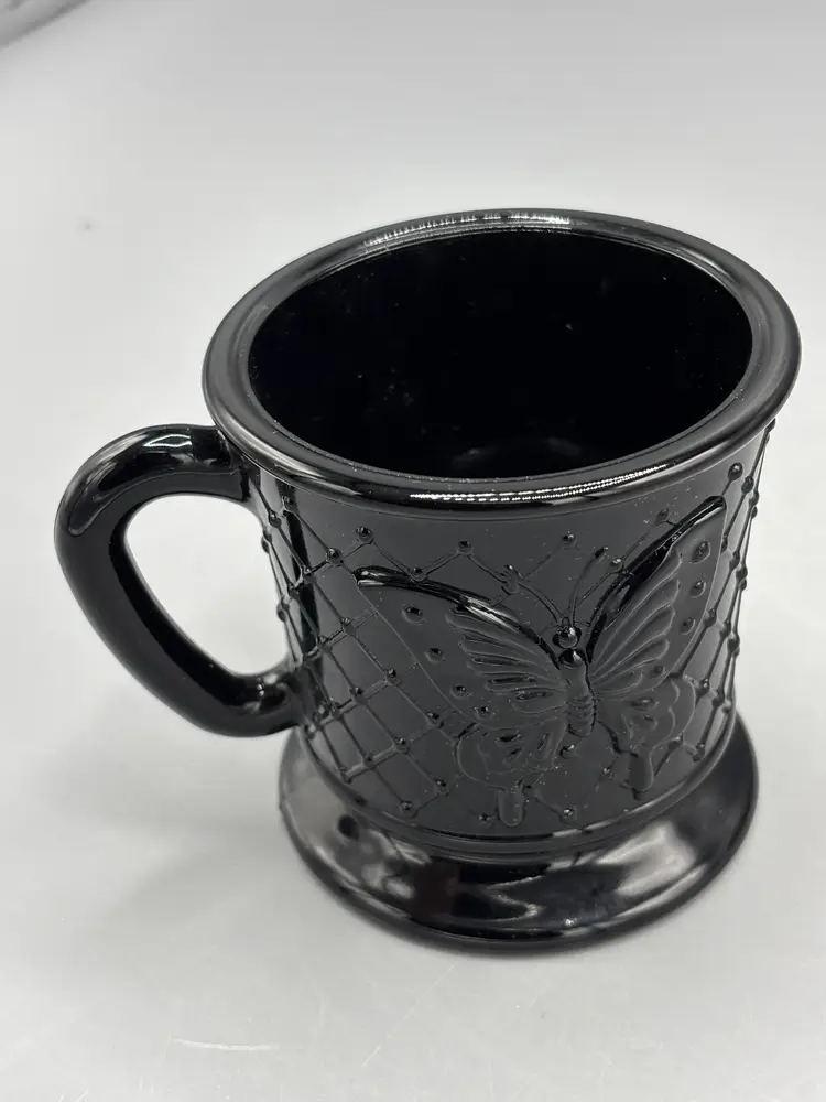 Fenton art glass black butterfly mug
