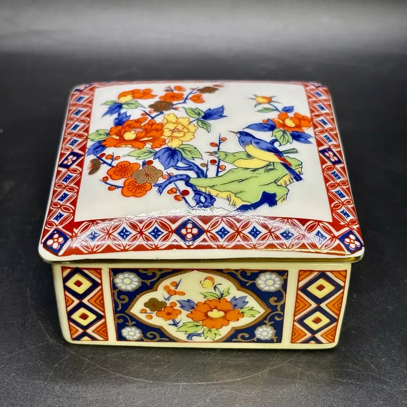 Square Lidded Floral with Birds Trinket Box Asian Motif 3”