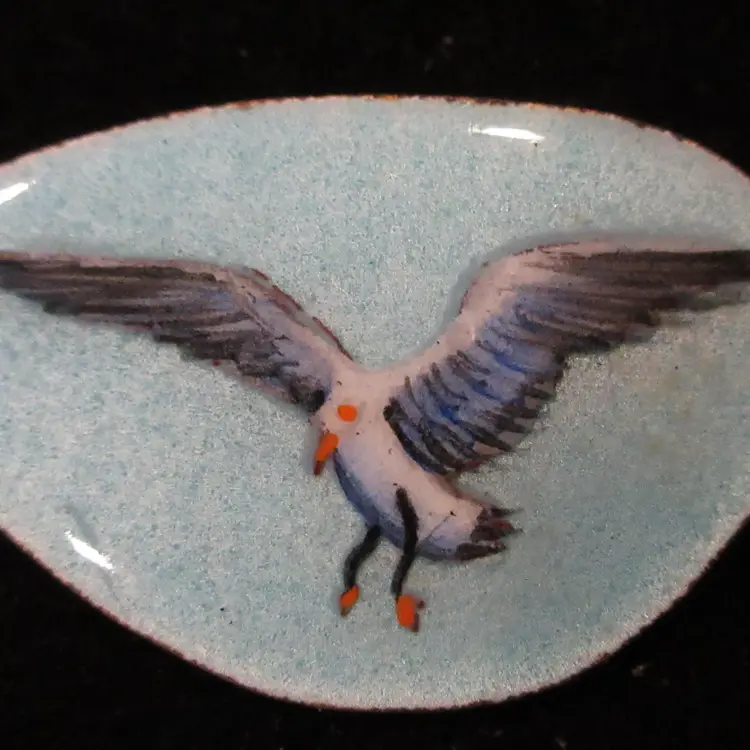 Vintage Hand Painted Baked Enamel on Copper Flying Seagull Brooch Pin - 1.5 Inches Long