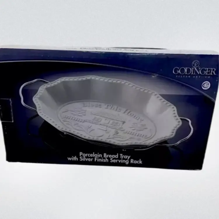 Godinger Porcelain Bread Tray & Serving Rack Silver Finish Bless This Home NEW