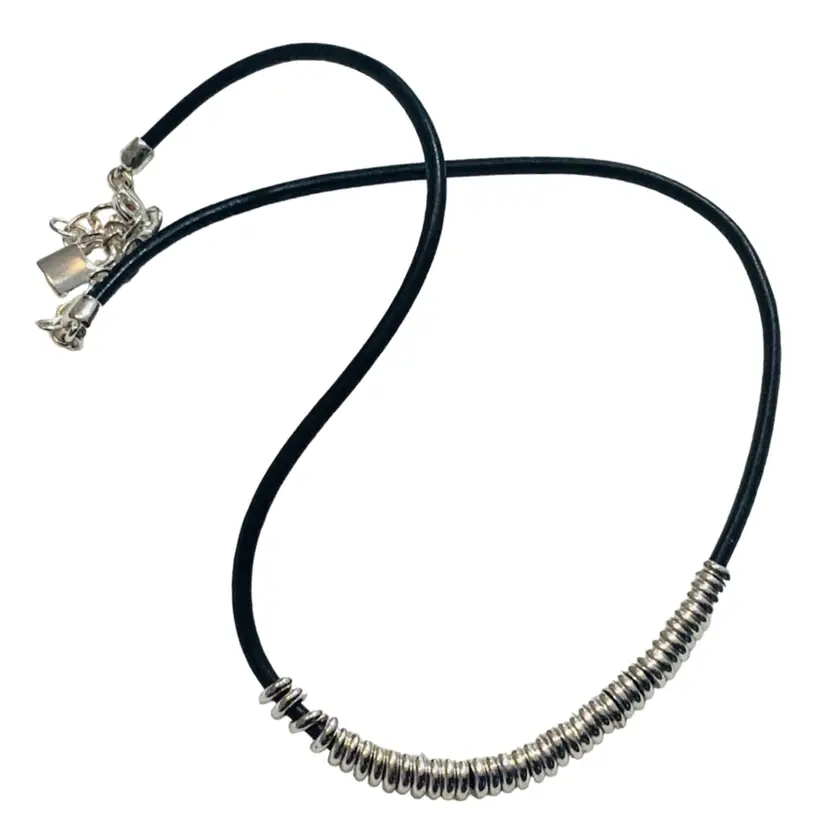 Vintage Costume Jewelry Metallic Beaded And Leather Necklace 