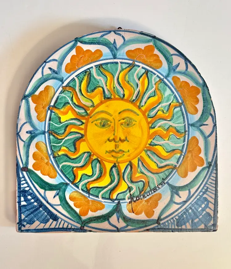 Signed 9.5” Fratantoni Vietra Hand-painted, Glazed Terracotta Celestial Sun Face Wall Plaque