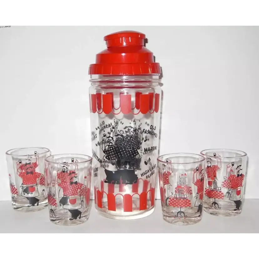 Vintage MCM Hazel Atlas, Singing Bartenders Shaker & 4 Glasses, Red Black White, Barware