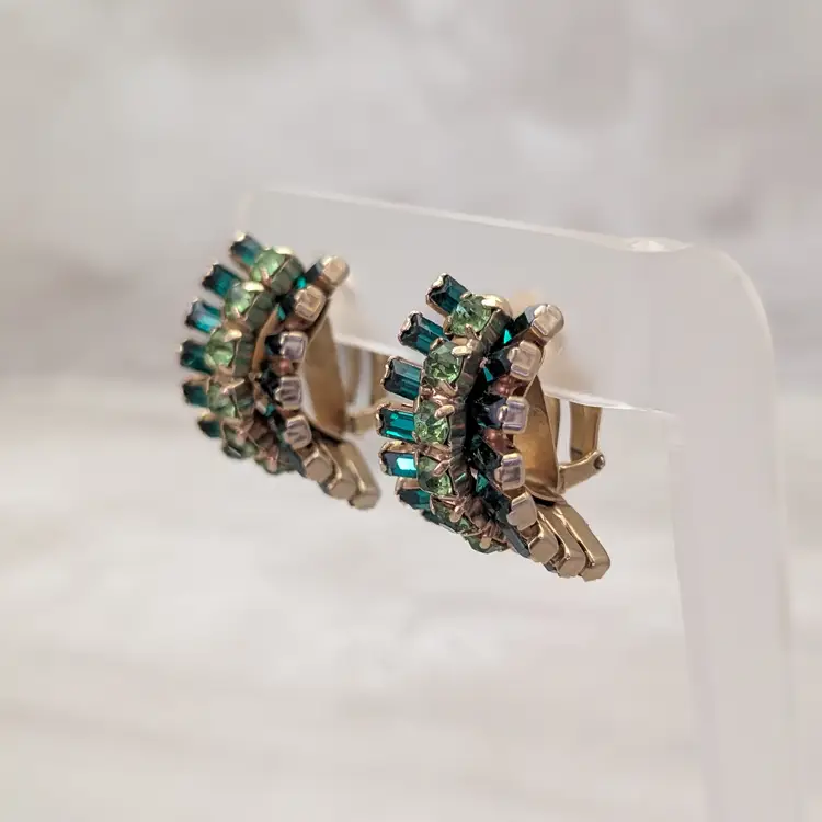 Vintage Clip On Earrings Stunning Green Gems Large Statement Earrings