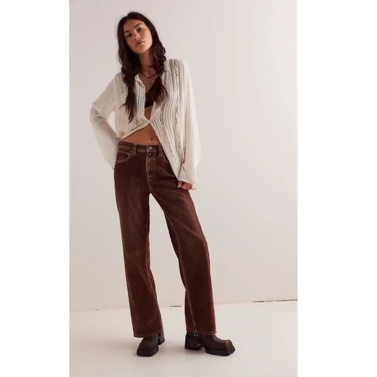 NWT WE THE FREE TINSLEY BAGGY HIGH RISE FLOCKED JEANS | OTTER