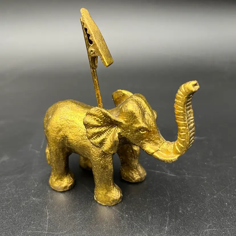 Vintage Golden Elephant Alligator Clip For Memos, Photos, Place Card Holder Or Paperweight Metal
