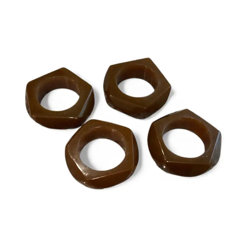 4 Vintage Brown Bakelite Hexagonal Napkin Ring Holders