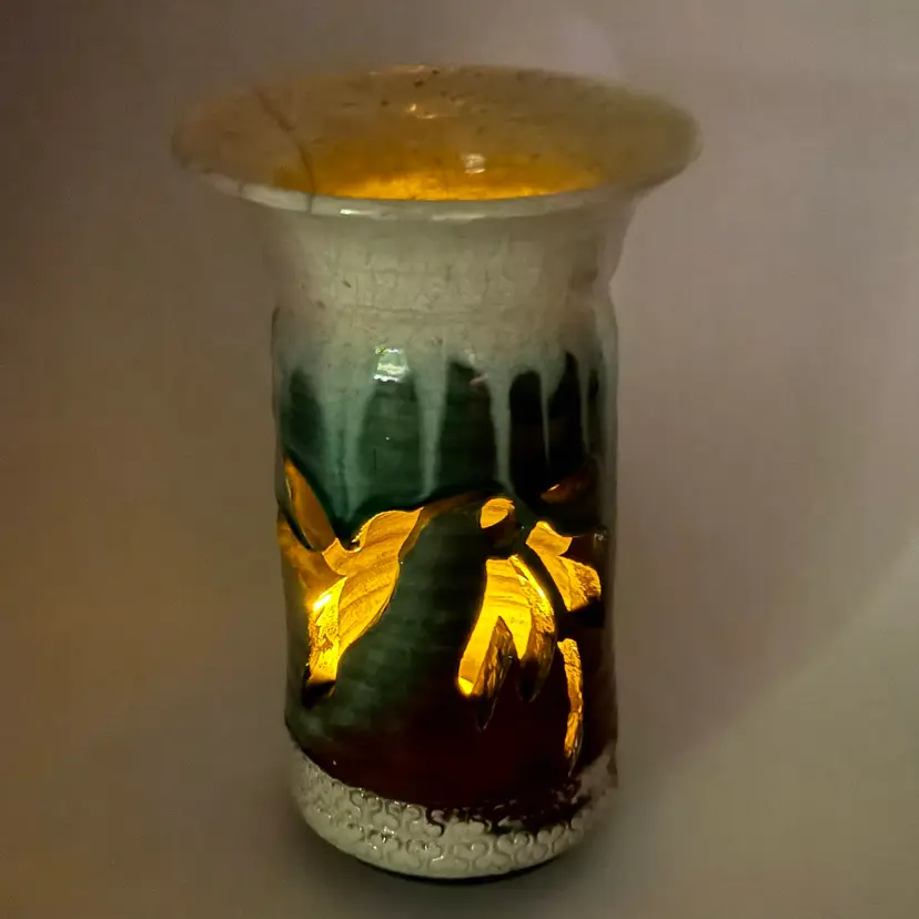 Raku Art Pottery Luminary Candle Lantern Flared Rim Cut Out Hummingbird And Flowers