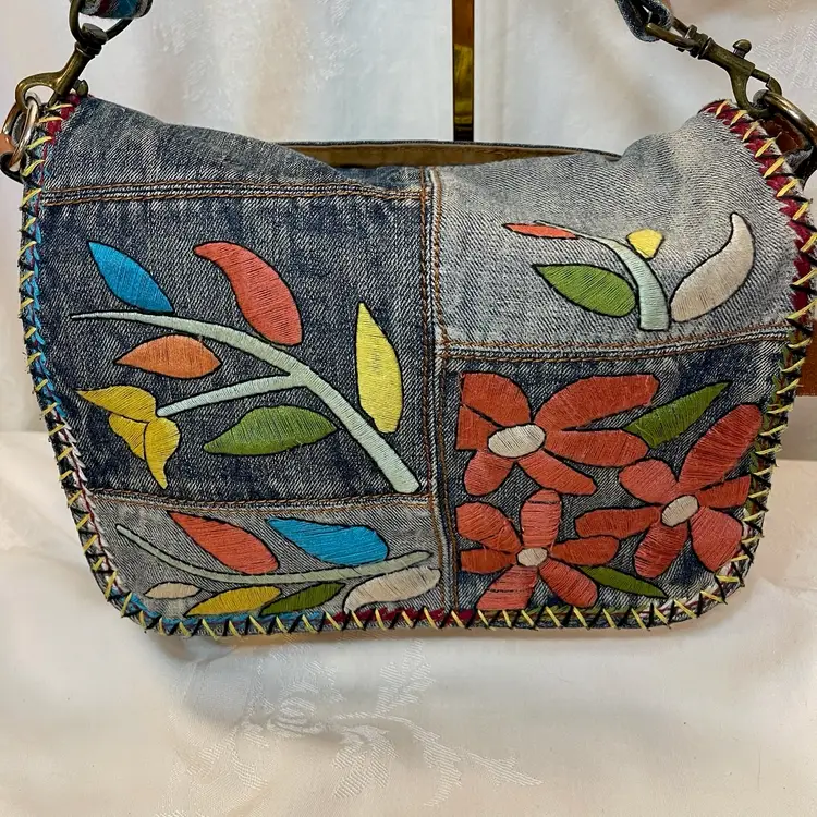 Patrica Nash Quilted Denim Patchwork with Floral Embroidery