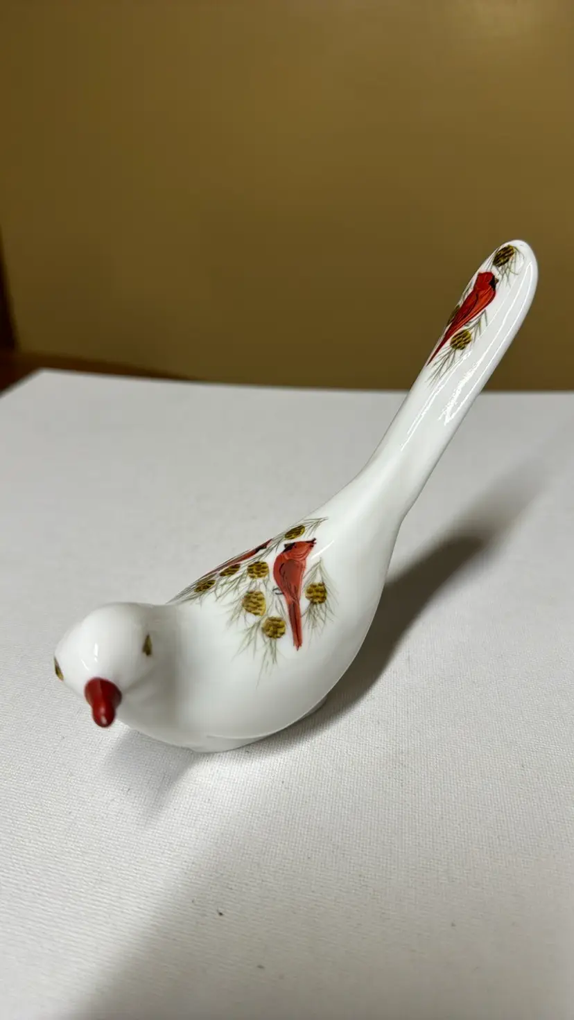 Fenton Hand Painted Milk Glass White Bird w/Cardinals Design Signed by Artist