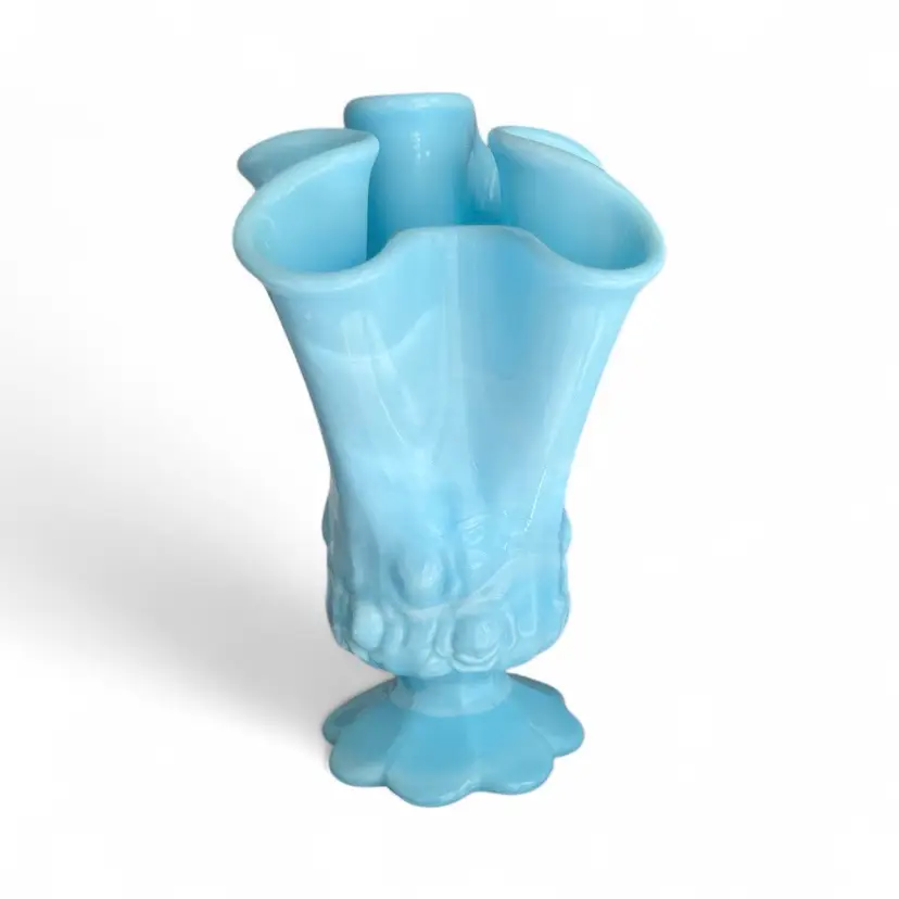 Fenton Cabbage Rose Blue Slag Glass Handkerchief Vase