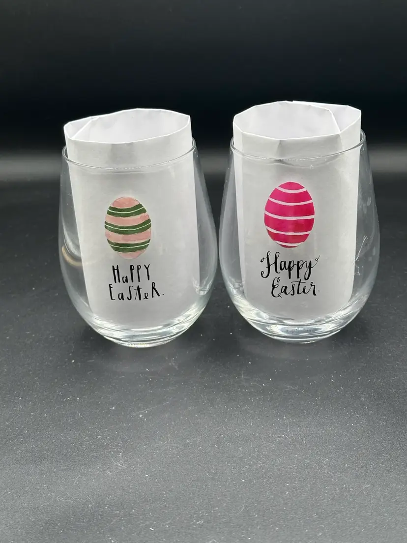 Set of 2 Rae Dunn "Happy Easter" Stemless Wine Glasses Easter Egg