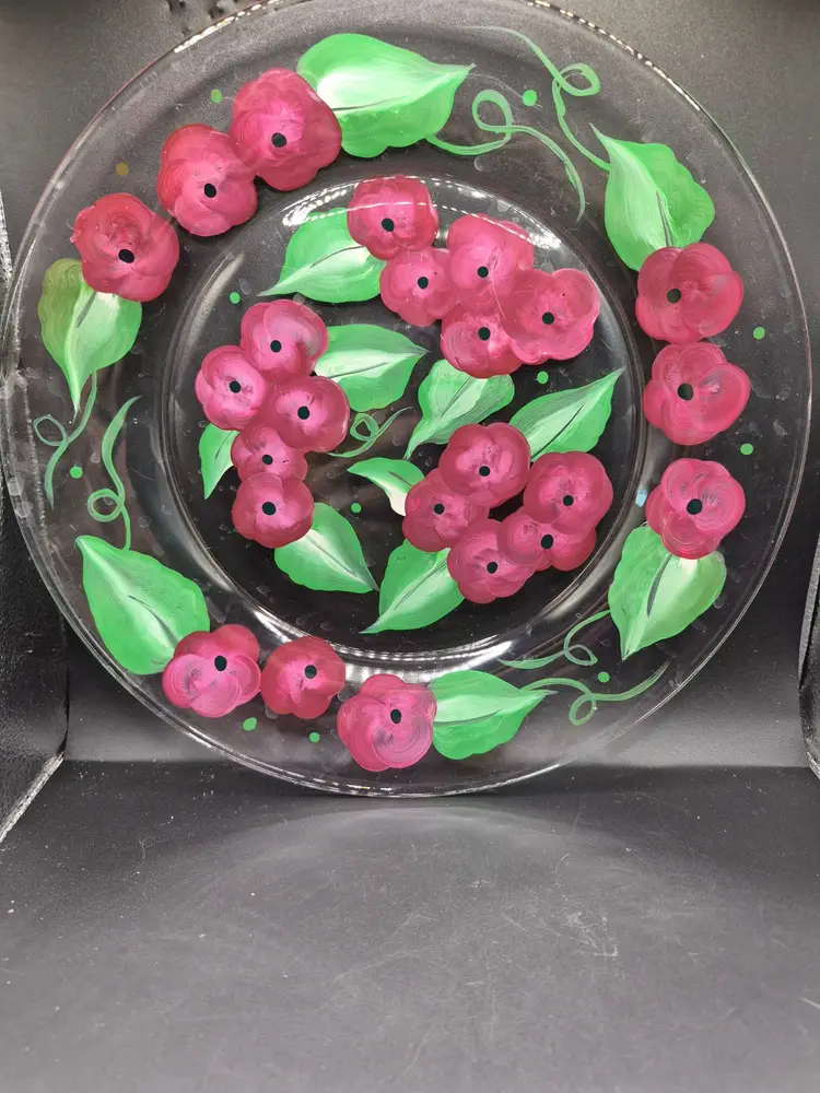 Hand-Painted Vintage Floral Glass Decorative Plate Botanical Art Collectible