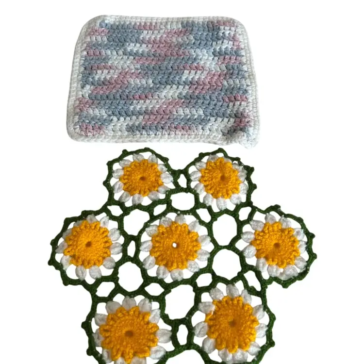 Set Of 2 Misc Crocheted Hot Pads One Sunflower Type And One Blue Pink Ans White Square