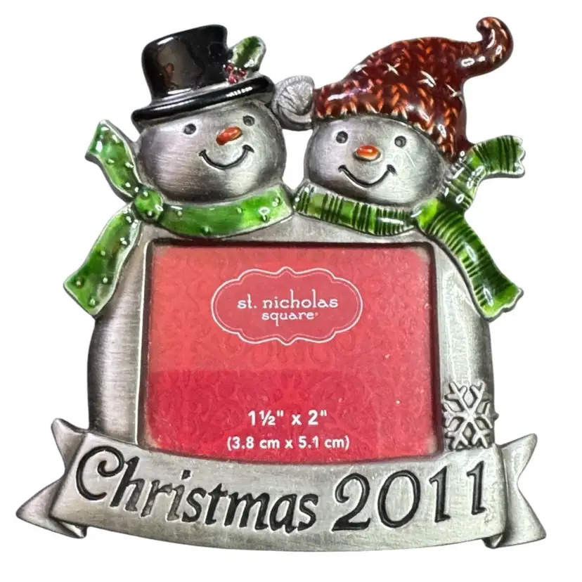 2011 Pewter Snowman Couple Christmas Picture Frame Ornament - New Never Used