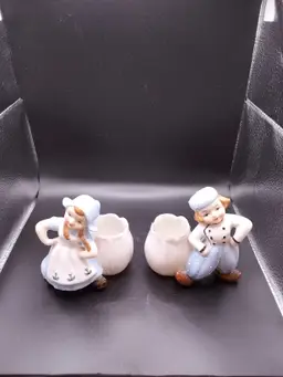 Vintage Dutch Girl and Boy Vases Planters Match Toothpick Holders kitsch