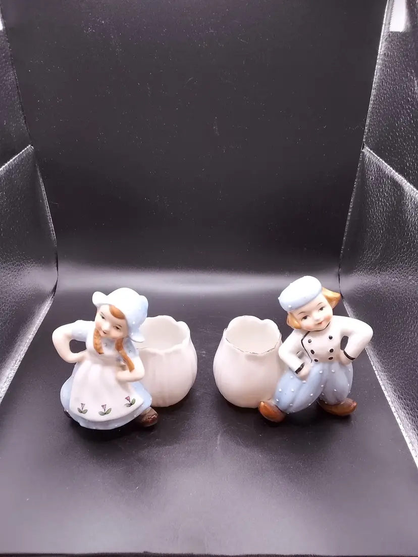 Vintage Dutch Girl and Boy Vases Planters Match Toothpick Holders kitsch