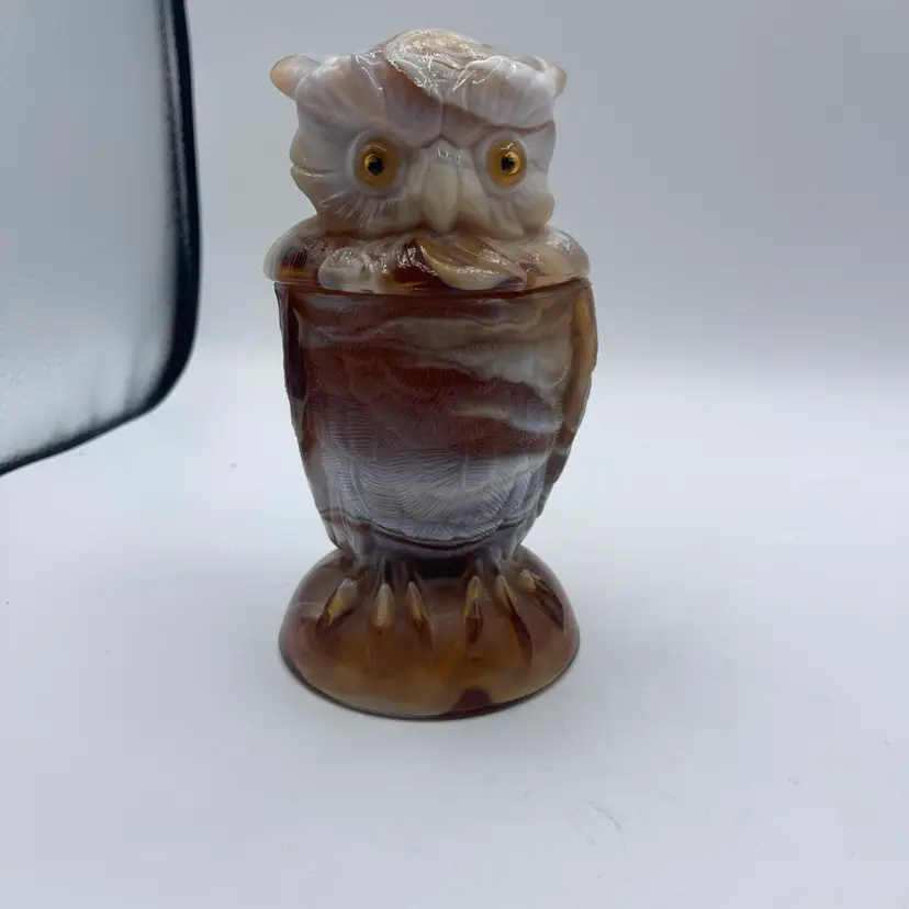 Imperial Caramel Glass Slag End of Day Owl Covered Jar Dish 2 PC No Damage 6.5”