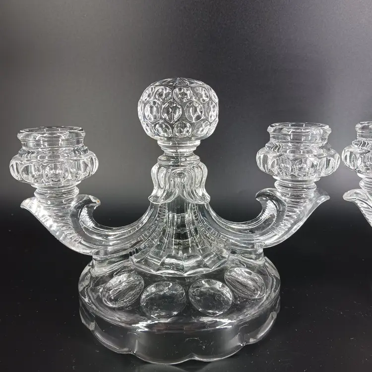 Heisey Provincial Whirlpool Crystal Clear Glass Candelabra Pair