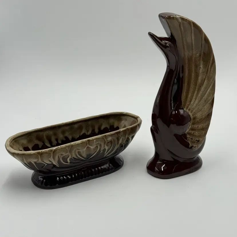 Redware Pottery Vintage Swan And Planter Mid Century Modern Brown Drip Glaze