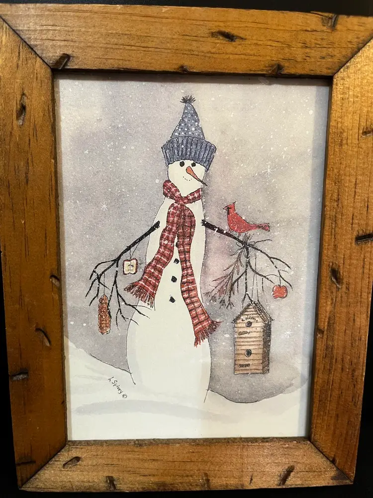 Framed Print-Signed L Spivey-Features a Snowman w/ a Cardinal & Bird House