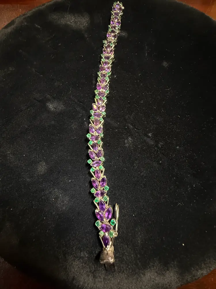 Sterling Silver Fancy High End Amethyst & Emerald Bracelet