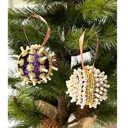 Set of 2 Handmade Vintage Style Push Pin Christmas Ball Ornaments Sequins Pearls 2 in Height